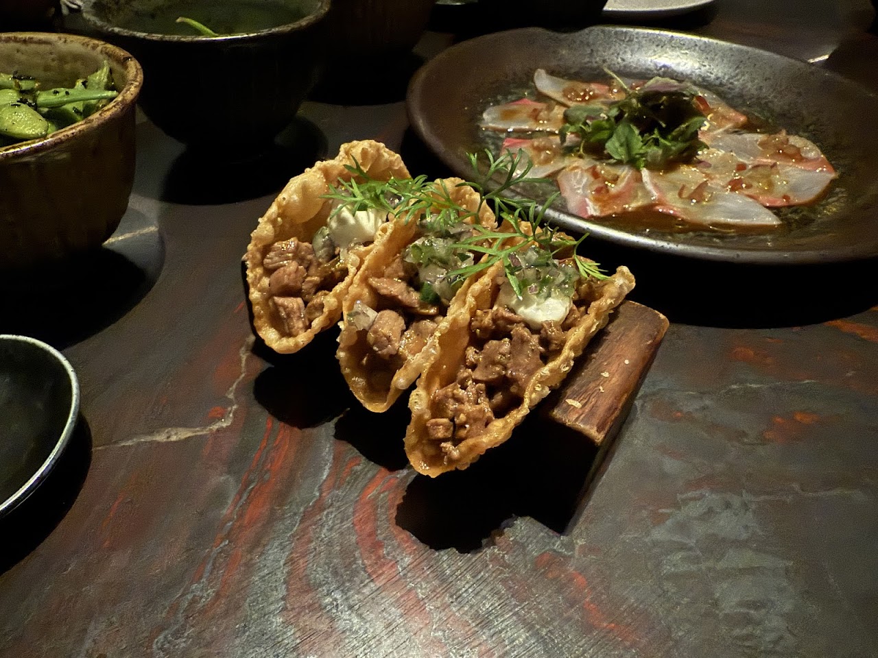 Wagyu tacos and sashimi at Kazan Japanese Dining
